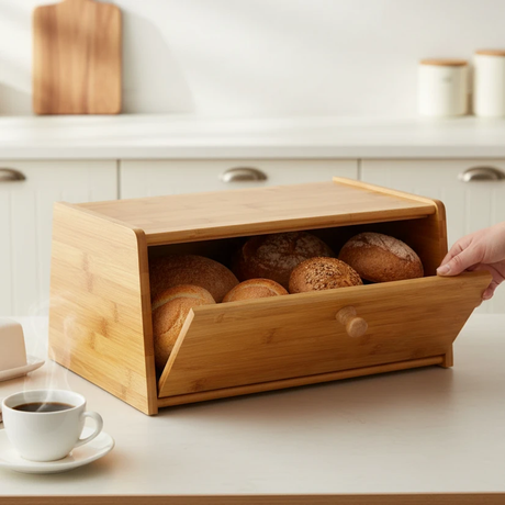 Bamboo Wooden Bread Bin with Magnetic Flap Lock and Spice Storage Countertop Kitchen Organizer Kitchen & Dining Bread Boxes & Bags