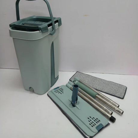 Veltex Flat Mop and Dual-Chamber Wringer Bucket Set with Extra Microfibre Cloth Green 33cm Head 125cm Handle Home & Garden Mops