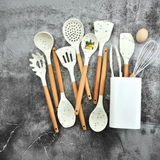 Silicone Utensil Set - White Marble Confetti with Wooden Handles Kitchen & Dining Kitchen Utensil Sets