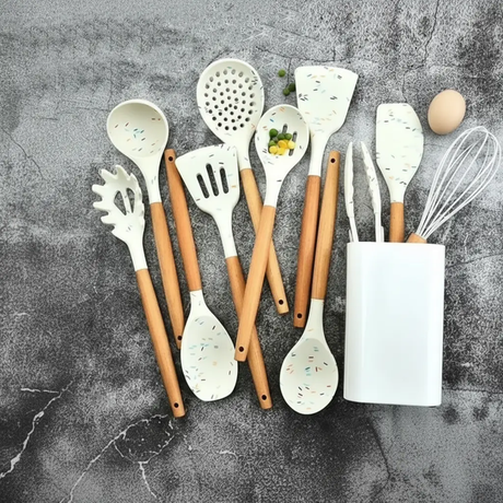 Silicone Utensil Set - White Marble Confetti with Wooden Handles Kitchen & Dining Kitchen Utensil Sets