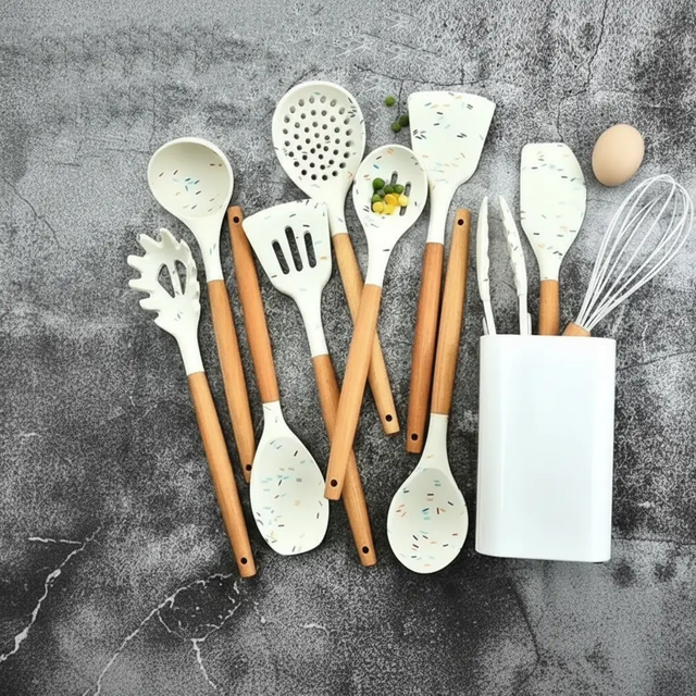Silicone Utensil Set - White Marble Confetti with Wooden Handles Kitchen & Dining Kitchen Utensil Sets