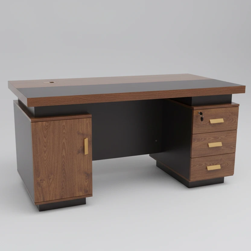 Executive Desk - 1.4m Brown Wood with Drawers Furniture Desks
