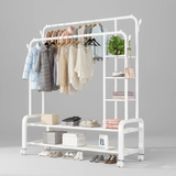 Double Pole Garment Rack Floor Standing 150x162x50cm with 4 Wheels Shelves White Black Home & Garden Garment Racks