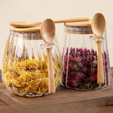 Storage Jar - Ribbed Glass 700ml with Bamboo Lid Gold Handle and Spoon Clear Kitchen & Dining Food Storage Containers