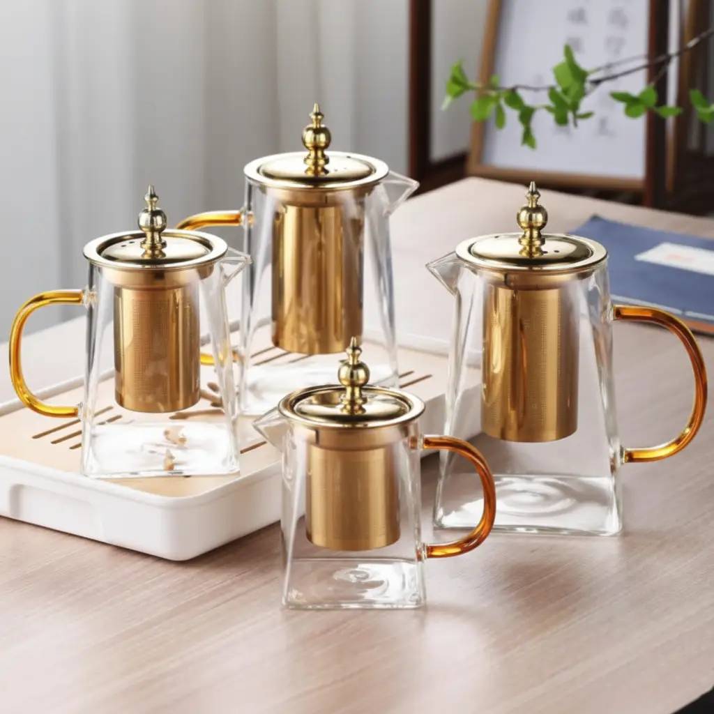 Glass Teapot - Heat Resistant with Stainless Steel Infuser Gold Handle 550ml 750ml 950ml Kitchen & Dining Teapots