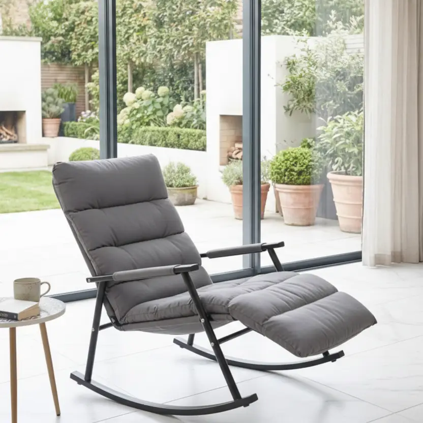 Adjustable Padded Indoor Rocking Chair Grey Quilted Cushion Steel Rocker Frame Furniture Nursery Rocking Chairs