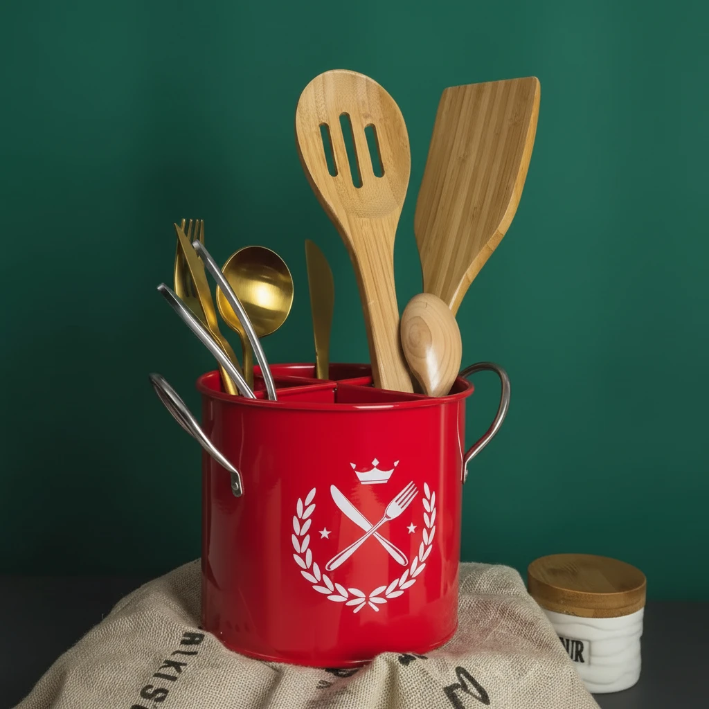 4-Compartment Metal Cutlery Holder Bucket Dual Handles White Red Pink 19x13.5cm Kitchen & Dining Kitchen Utensil Holders