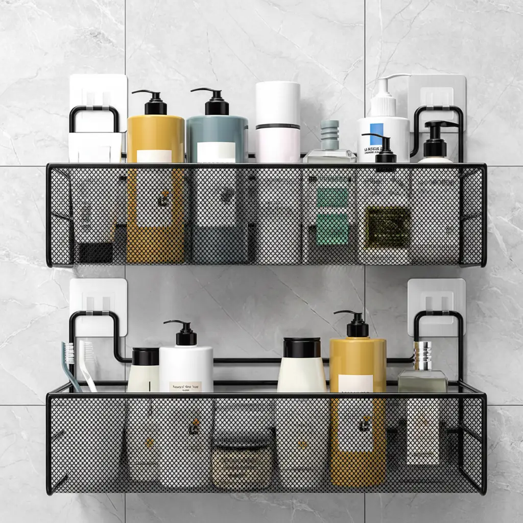 Bathroom Shelf - Large Black Mesh Wall Rack with Self-Adhesive Mount Home & Garden Wall-Mounted Caddies