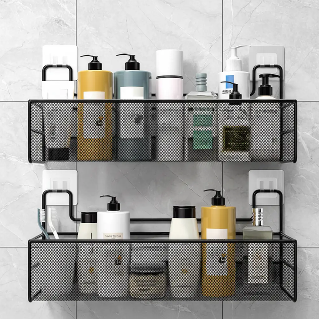 Bathroom Shelf - Large Black Mesh Wall Rack with Self-Adhesive Mount Home & Garden Wall-Mounted Caddies
