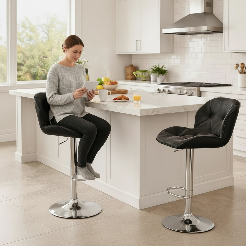 Set of 2 Pure Leather Modern Adjustable Bar Stools Diamond Quilted 360° Swivel Hydraulic Chrome Base Black White Furniture Adjustable Bar Stools
