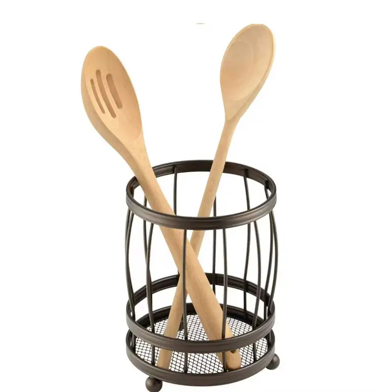 Cutlery Holder - Black Metal Barrel Wire Organiser with Mesh Base Kitchen & Dining Kitchen Utensil Holders & Racks