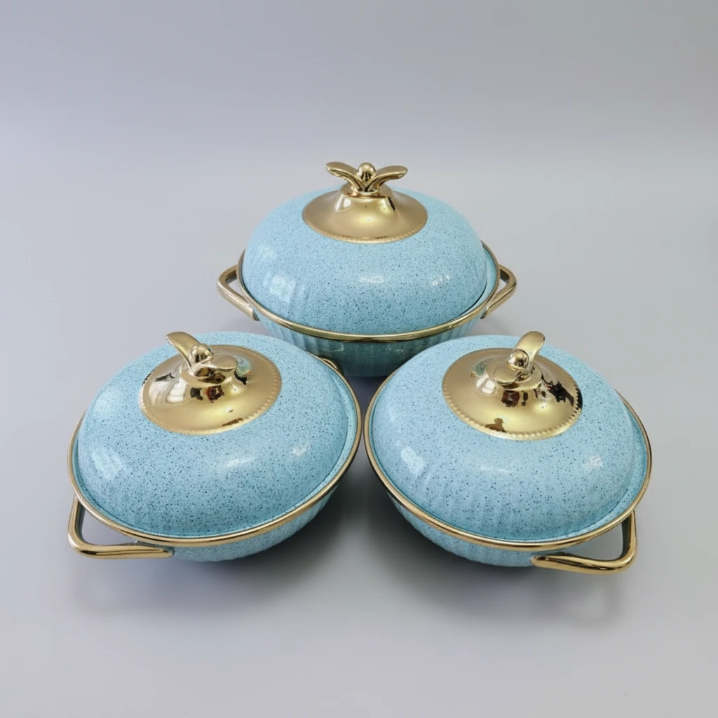 3 Piece Classy Ceramic Serving Bowls with Gold Handles Kitchen & Dining Serving Platters