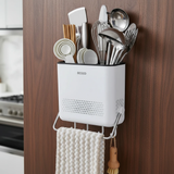 Wall-Mounted Cutlery Drainer with Towel Bar and Hooks ECOCO White Kitchen & Dining Kitchen Utensil Holders & Racks