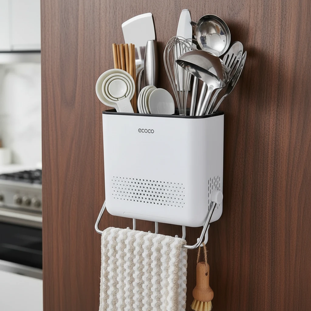 Wall-Mounted Cutlery Drainer with Towel Bar and Hooks ECOCO White Kitchen & Dining Kitchen Utensil Holders & Racks
