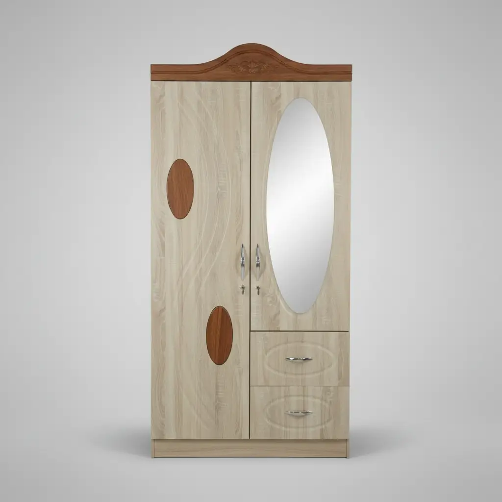 2-Door Beech Wardrobe with Mirror & Drawers Mirrored Wardrobes