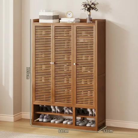 Shoe Cabinet - 10-Tier Bamboo 3 Slatted Door with Open Bottom Shelf 139x88x32cm Walnut Brown Furniture Storage Cabinets & Lockers
