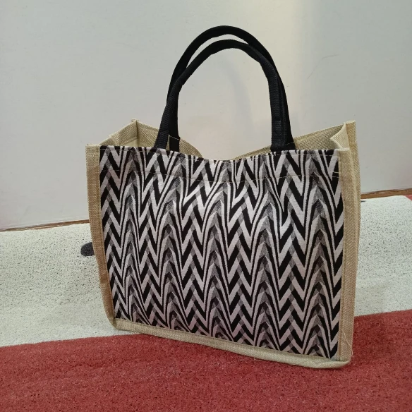 Geometric Print Pattern Tote Bag Jute Canvas Smart Casual 34x17x28cm Bags & Accessories Tote Bags