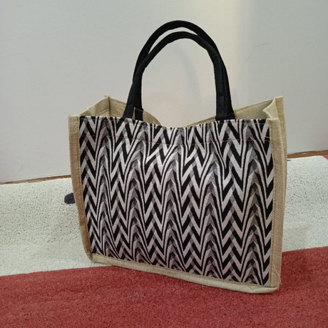 Geometric Print Pattern Tote Bag Jute Canvas Smart Casual 34x17x28cm