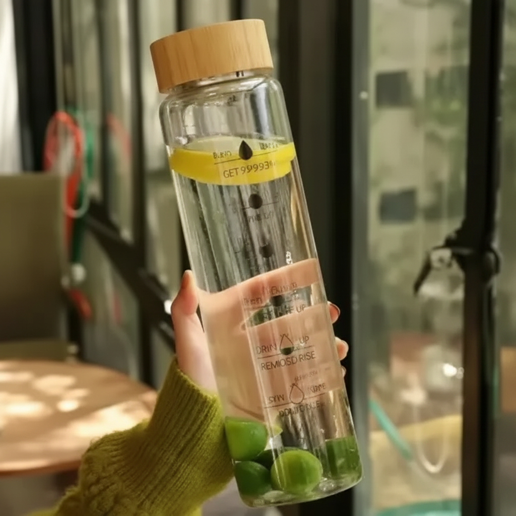 Water Bottle - 1000ml Motivational Borosilicate Glass with Bamboo Lid and Filter Clear Kitchen & Dining Water Bottles