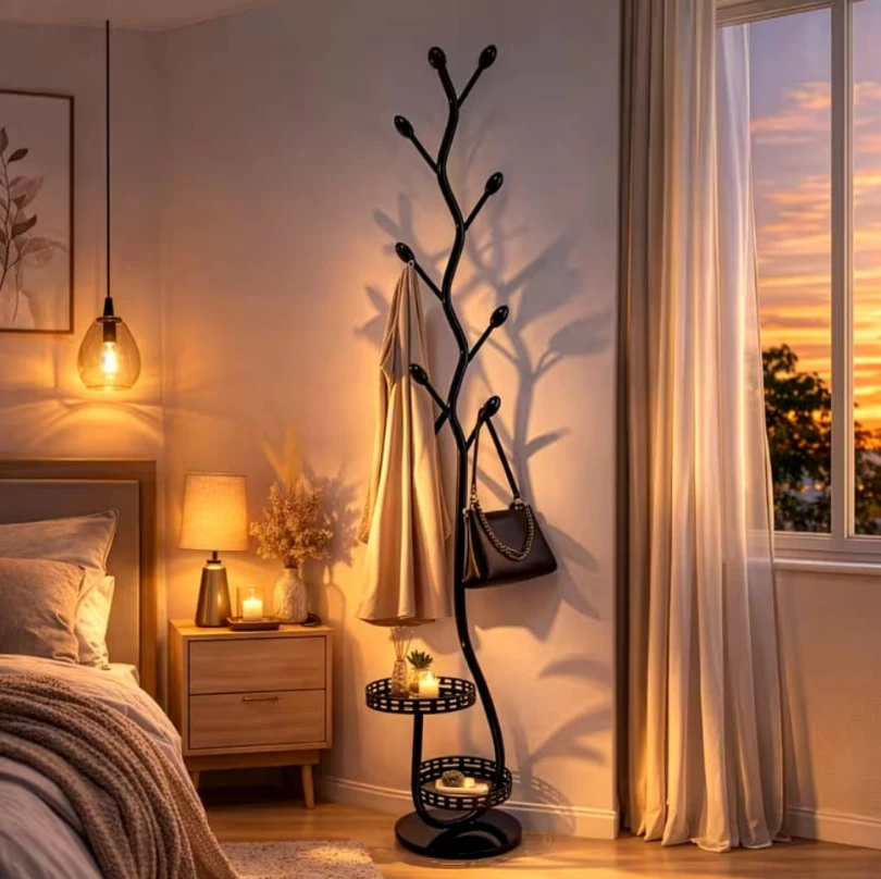 Tree Branch Floor Standing Coat Rack 30x170cm Metal 8 Hooks 2-Tier Tray Basket Entryway Black White Gold Home & Garden Coat & Hat Racks