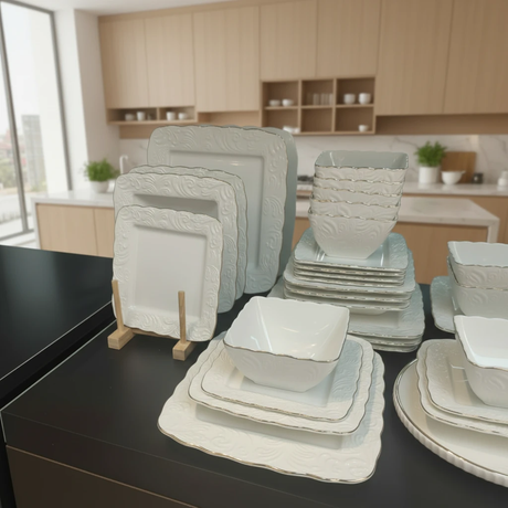 24-Piece Embossed Ceramic Dinner Set with Gold Rim Dishwasher Microwave Safe Kitchen & Dining Dinnerware Sets