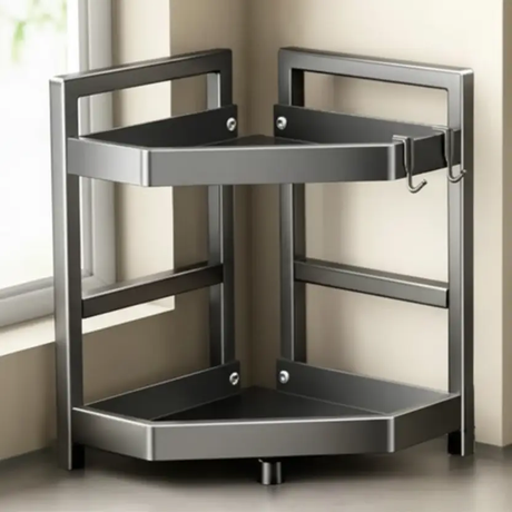 2-Tier Grey Metal Corner Spice Rack Utensil S-Hooks 40x25x32cm Kitchen Countertop Organiser Kitchen & Dining Spice Organizers
