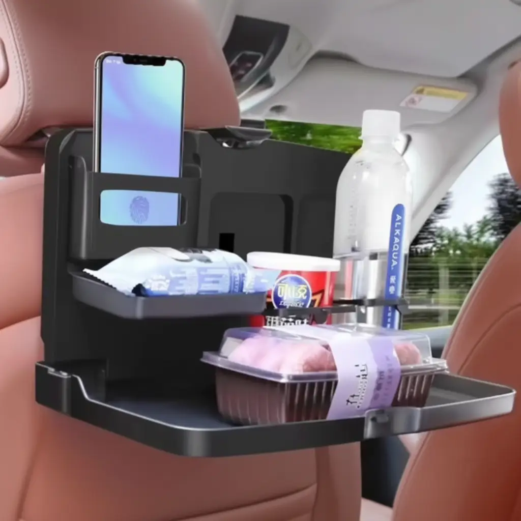 Car Backseat Organiser - 6-in-1 Foldable Tray Phone Tablet Food Bottle Holder Automotive Vehicle Organizers