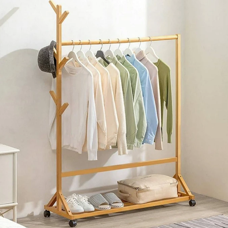 Bamboo Clothes Rack with Wheels and Storage Shelf Home & Garden Garment Racks