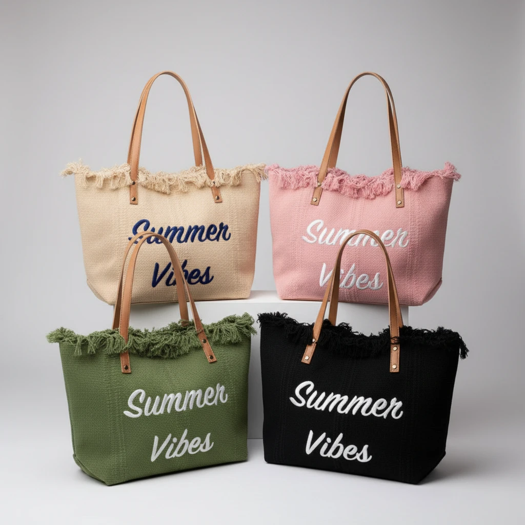 Women's Summer Vibes Tote Bag Frayed Edge Canvas with Leather Handles 5 Colors Bags & Accessories Beach Bags