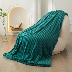 Warm Ribbed Fleece Throw Blanket 200x200cm Pom-Pom Fringe Camel Navy Cream Teal Bedding Home & Garden Blankets