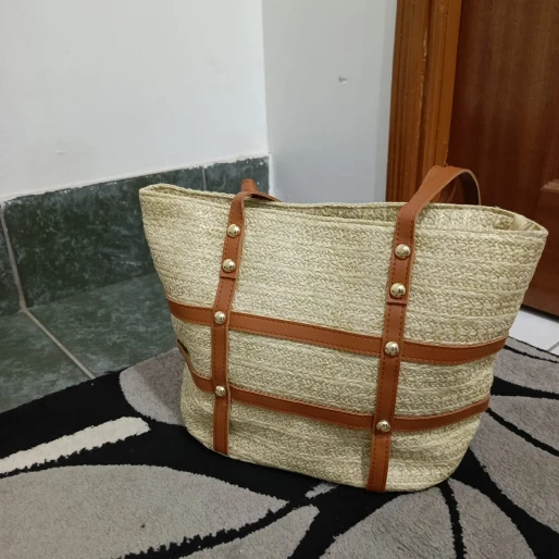 Women's Minimalist Solid Color Tote Bag Woven Straw with Leather Straps 30x25cm Bags & Accessories Shopper Bags