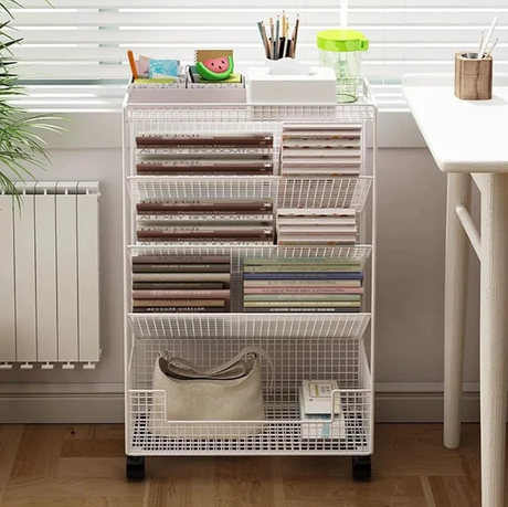 Wire Mesh Rolling Bookshelf 4-Tier with Wheels White Black 42x17x65cm Office Furniture Rack Bookcases & Shelves