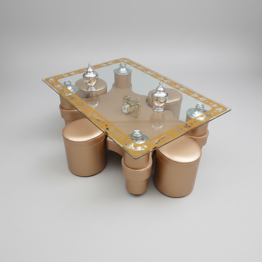 Coffee Table - Glass Top with 4 Puff Stools & Decorative Border