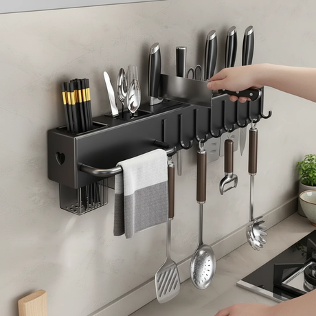 50cm Wall Mounted Carbon Steel Kitchen Utensil Holder Rack Knife Block Towel Bar 8 Hooks Gun Grey Black Kitchen & Dining Kitchen Utensil Holders & Racks