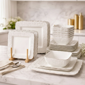 24-Piece Embossed Ceramic Dinner Set with Gold Rim Dishwasher Microwave Safe Kitchen & Dining Dinnerware Sets