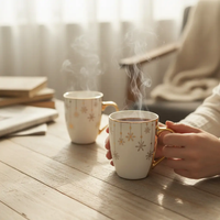 Mug Set - 6-Piece 370ml Ceramic Snowflake Print Gold Handle and Rim White Kitchen & Dining Mugs