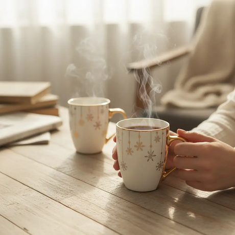 Mug Set - 6-Piece 370ml Ceramic Snowflake Print Gold Handle and Rim White Kitchen & Dining Mugs