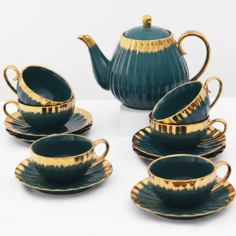 Tea Set - 13-Piece Teal Ceramic Gold Rim Ribbed Teapot 6 Cups and Saucers Kitchen & Dining Tea Sets