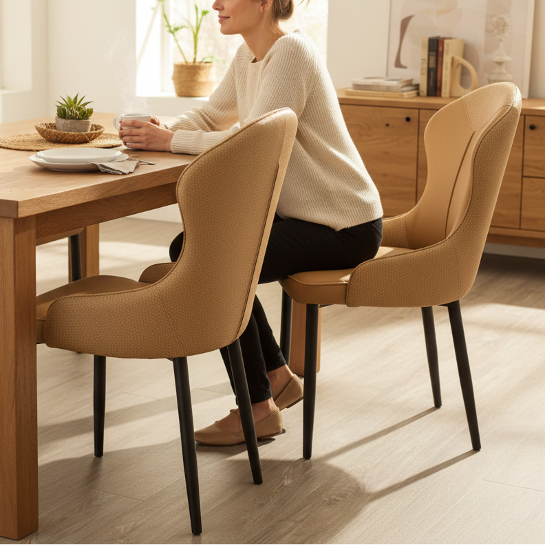 Dining Chair - Wing Back PU Leather with Contrast Piping and Black Metal Legs Camel Furniture Kitchen & Dining Room Chairs