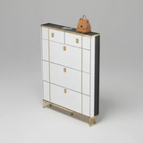 Shoe Cabinet - Bucket Flip 4-Door Gold Detail 100x24x132.5cm Grey White Furniture Shoe Organizers