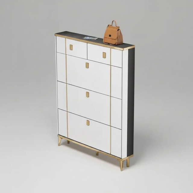 Shoe Cabinet - Bucket Flip 4-Door Gold Detail 100x24x132.5cm Grey White Furniture Shoe Organizers