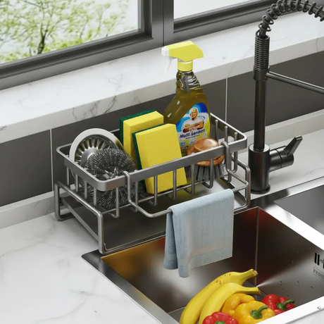 Grey Carbon Steel Sink Caddy Towel Bar Sponge Brush Holder Kitchen Bathroom Countertop Home & Garden Sink Caddies