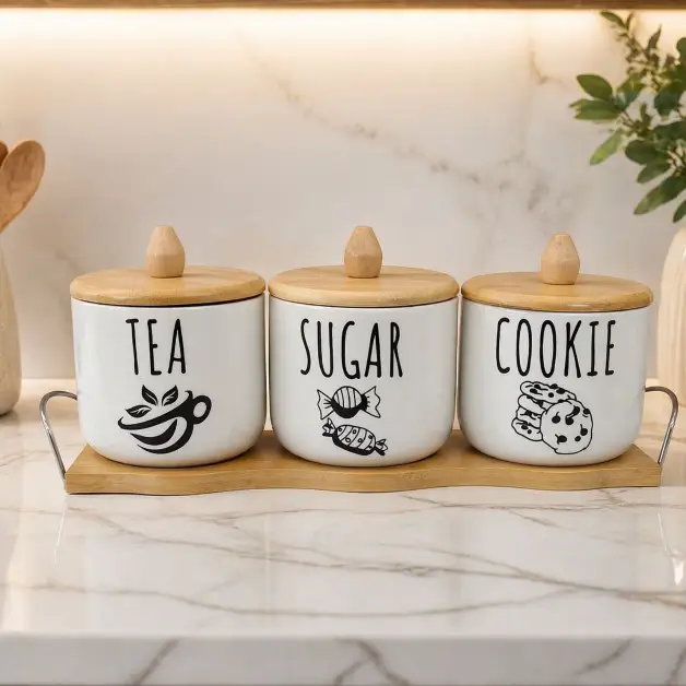 Canister Set - 4-Piece Ceramic 450ml with Bamboo Lids and Tray White Kitchen & Dining Food Storage Containers