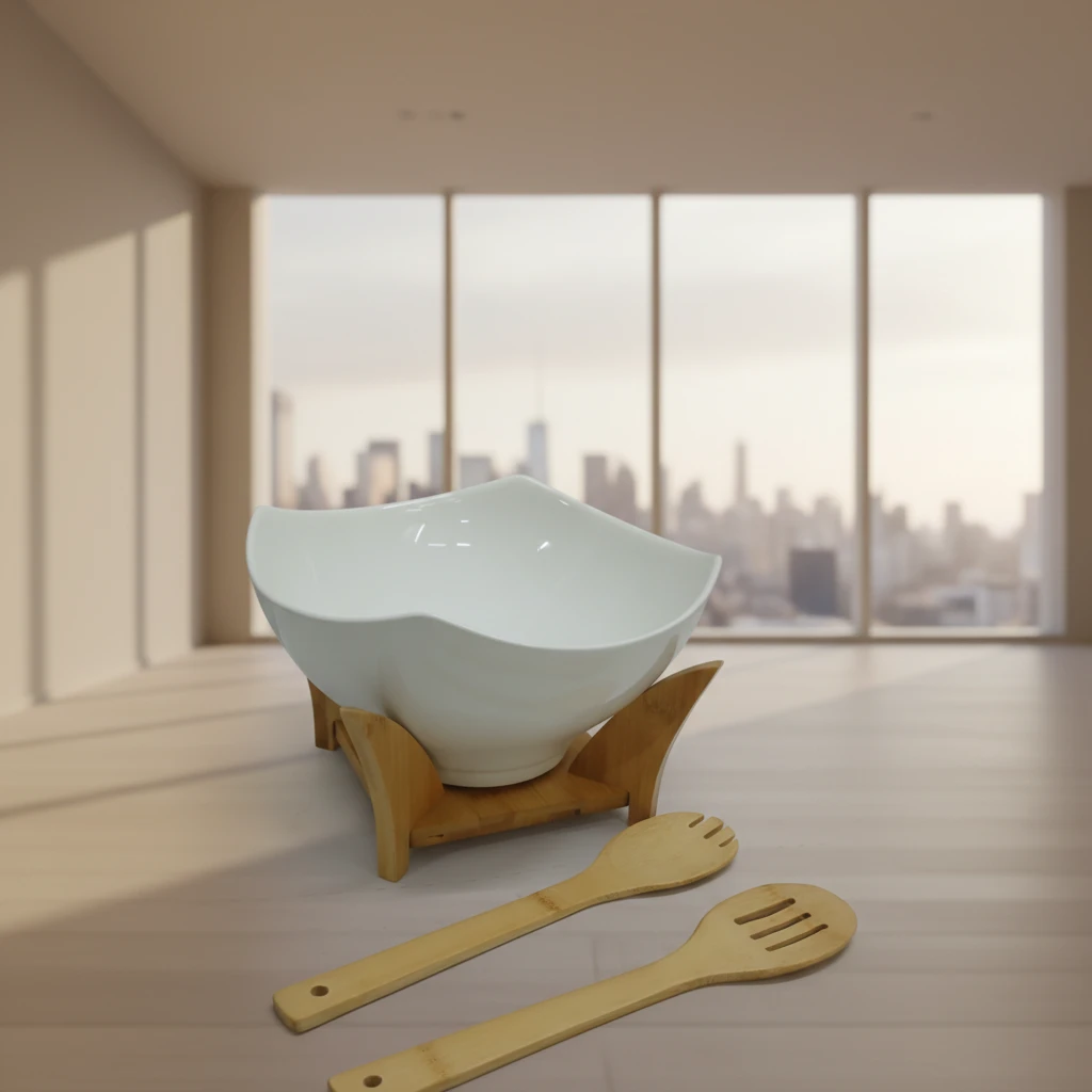 Salad Bowl - Ceramic with Bamboo Stand and 2 Spoons Kitchen & Dining Serveware