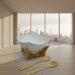 Salad Bowl - Ceramic with Bamboo Stand and 2 Spoons Kitchen & Dining Serveware