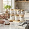 Canister Set - 8-Piece Luxury Ceramic Ribbed with Bamboo Lids and Tray White Kitchen & Dining Food Storage Containers