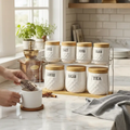 Canister Set - 8-Piece Luxury Ceramic Ribbed with Bamboo Lids and Tray White Kitchen & Dining Food Storage Containers