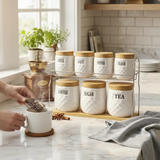 Canister Set - 8-Piece Luxury Ceramic Ribbed with Bamboo Lids and Tray White Kitchen & Dining Food Storage Containers