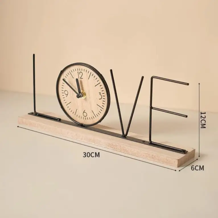 Desk Clock - Handmade Creative LOVE HOME Iron Wood Base 30cm Home Decor Desk Clocks