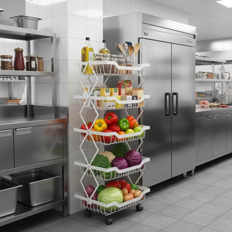 Storage Rack - 5 Tier Foldable Carbon Steel Fruit Vegetable Trolley White Kitchen & Dining Carts
